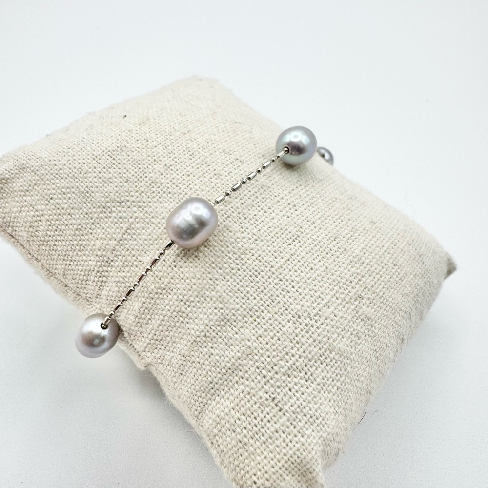Silver Dainty Freshwater Cultured Pearl Bracelet Iridescent Purple Gray Blue